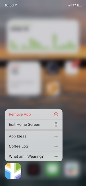 screenshot showing quick actions I added when long pressing on the Logger app icon