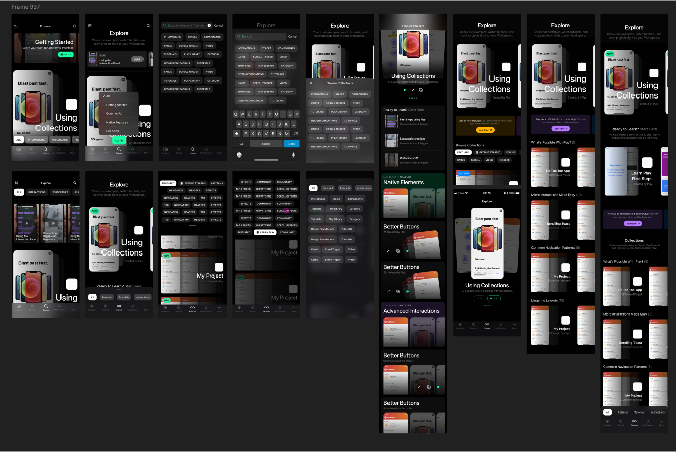 screenshot showing design explorations for the explore tab