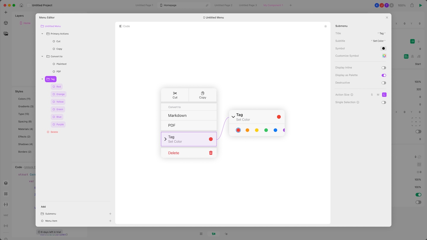screenshot showing an as-yet-unreleased version of the UIMenu editor