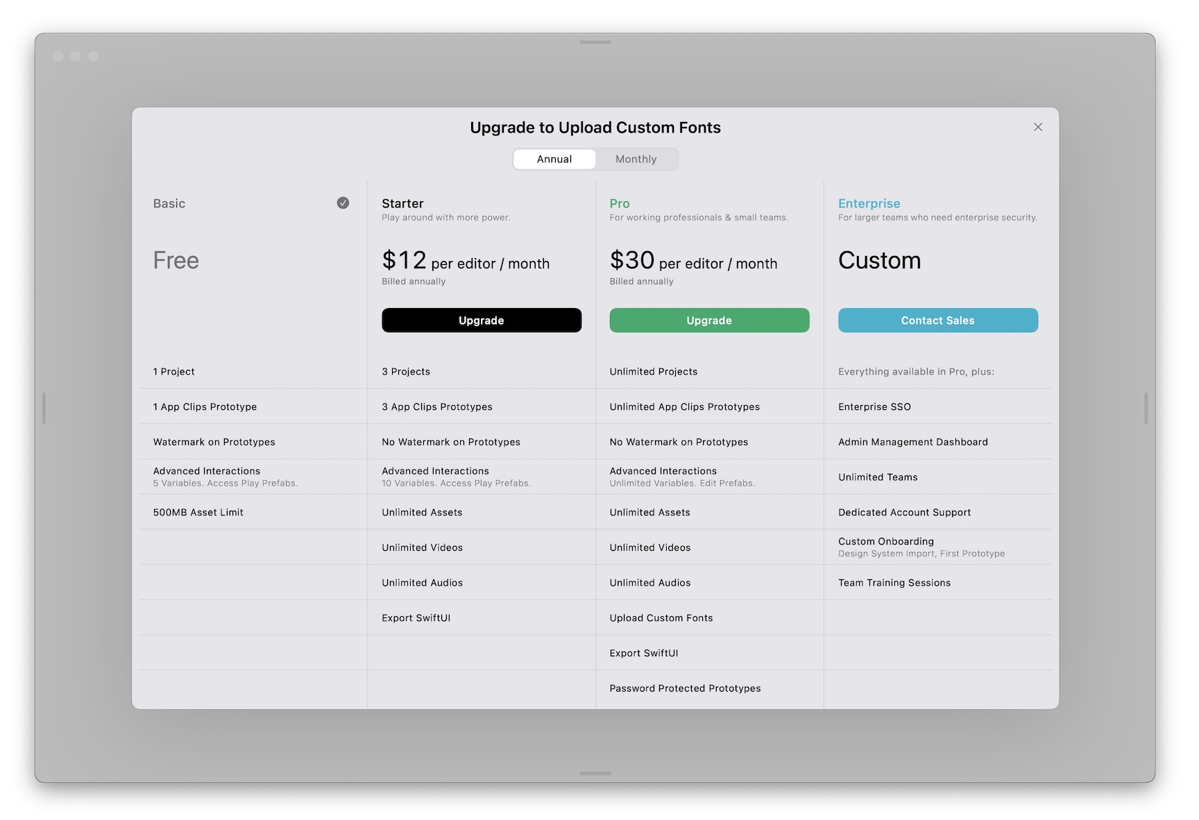 screenshot showing the plan comparison screen on macos