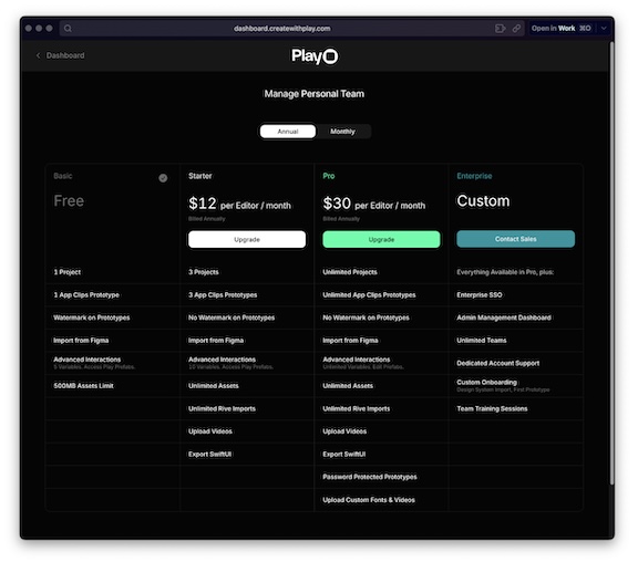 screenshot showing the plan comparison screen on web